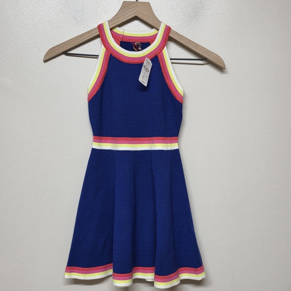 Pink‎ Thread Girls Knit Dress 6 6X Blue Rainbow Stripe Skater Neiman Marcus $142